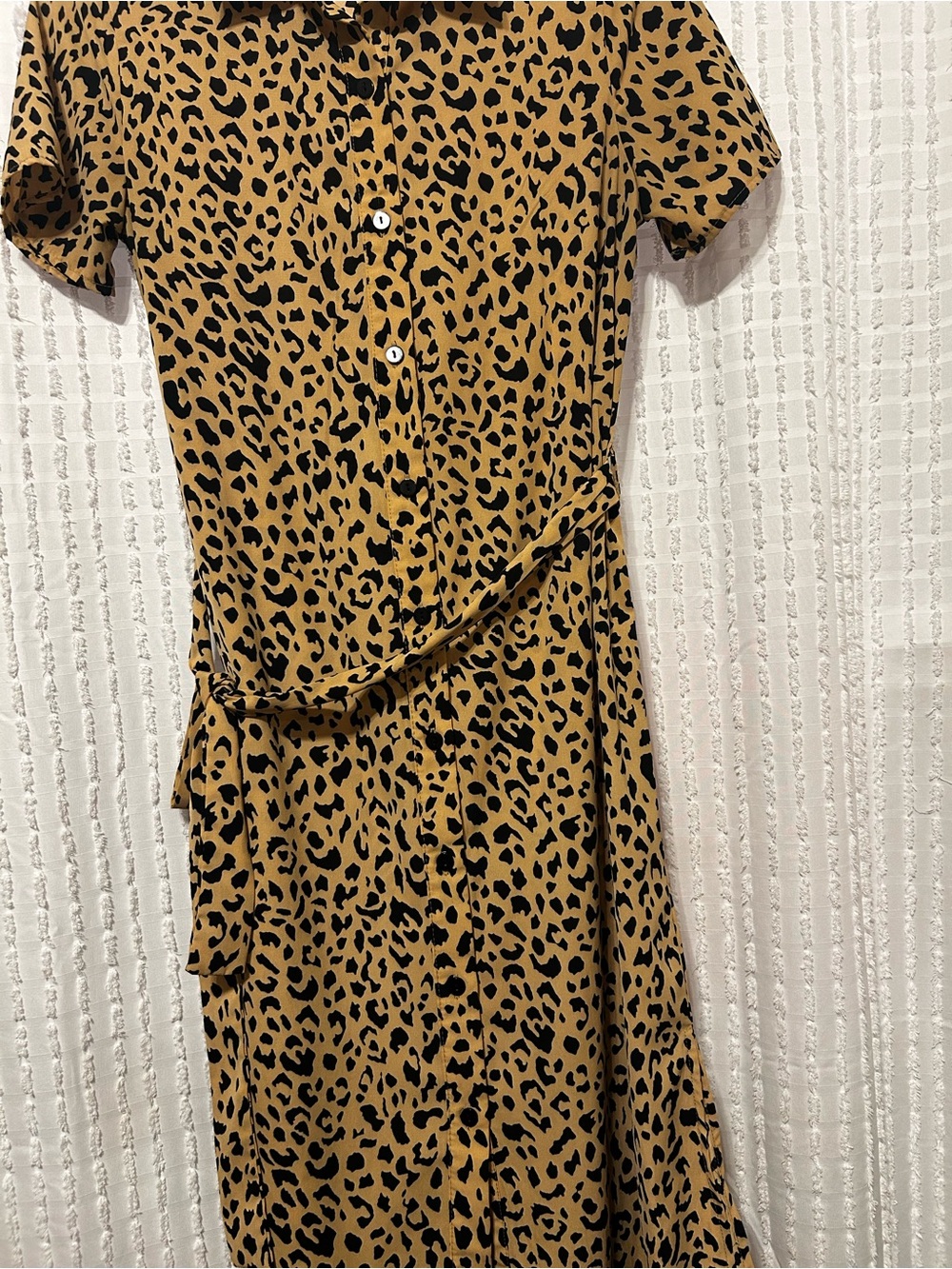 Leopard Print Women’s Small Button Front Tie-Waist Maxi Shirt Dress - Picture 7 of 10